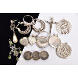 A BAG OF ASSORTED JEWELLERY, to include two white metal rings, set with colourless paste, each