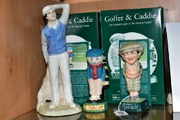 THREE ROYAL DOULTON GOLFING RELATED FIGURES AND SIX GOLF CLUBS, comprising two boxed limited edition