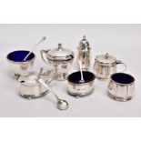 A SELECTION OF SILVER SALTS AND MUSTARDS, to include three two-piece salt and mustard sets, the