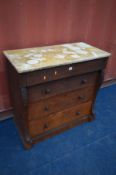 A VICTORIAN OAK MARBLE TOP CHEST OF FOUR LONG DRAWERS, width 97cm x depth 49cm x height 94cm (the