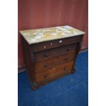 A VICTORIAN OAK MARBLE TOP CHEST OF FOUR LONG DRAWERS, width 97cm x depth 49cm x height 94cm (the