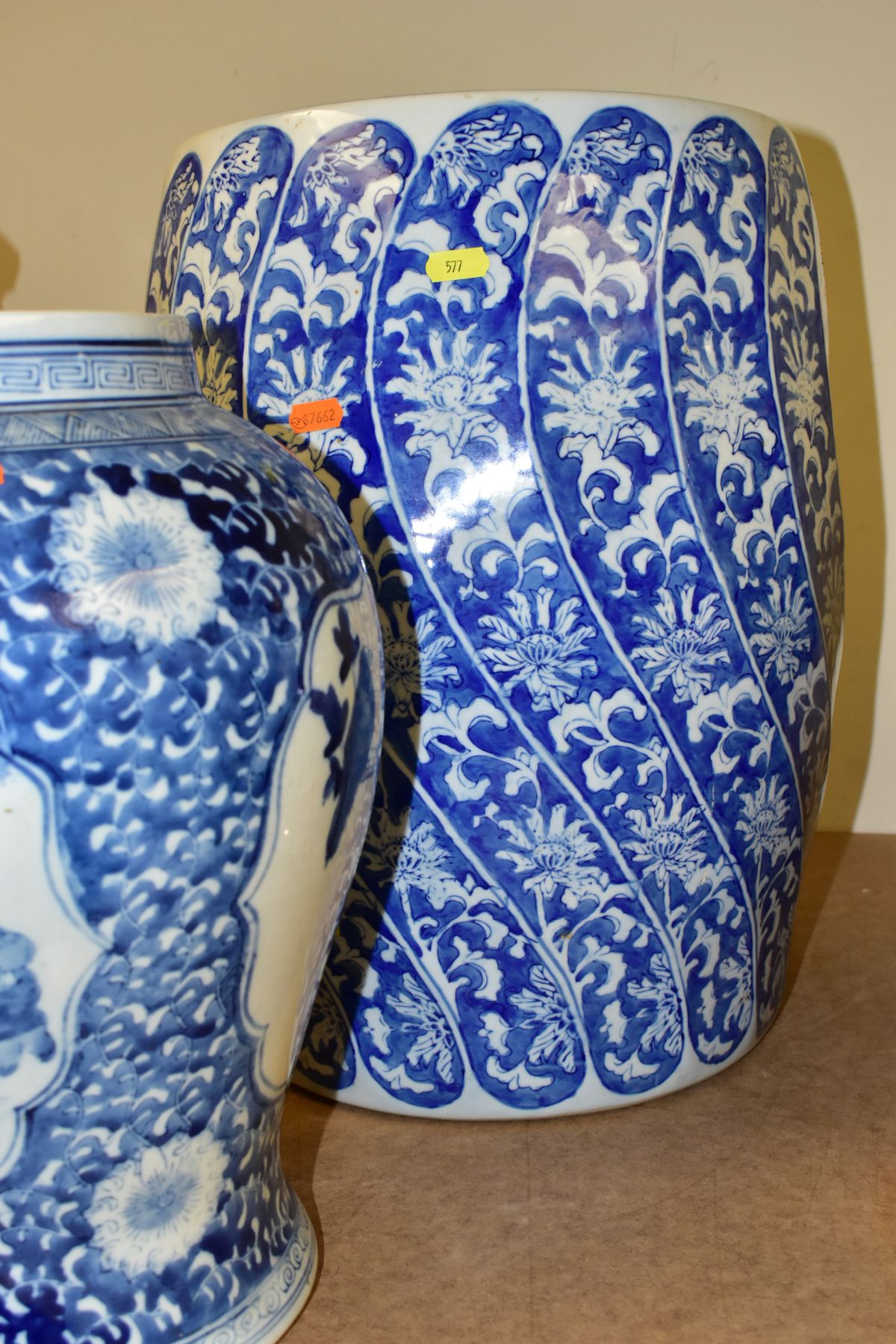 A MODERN CHINESE BARREL STOOL OF WRYTHERN FORM, blue and white floral decoration, approximate height - Image 2 of 8