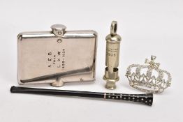 FOUR ITEMS, to include a case for rolling cigarettes, with personal engraving to front, a whistle