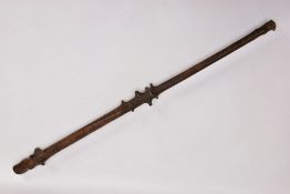 AN 18TH CENTURY GNARLED WOOD, INLAID PIN WORK AND PAINTED WALKING CANE, the smoothed top bearing