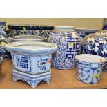 MODERN CHINESE BLUE AND WHITE CERAMICS, to include a stick stand, pumpkin shaped storage jars,