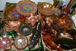TWO BOXES OF ASSORTED CARNIVAL GLASS to include bowls, vases, bon bon dishes, cake stand, jug etc,