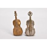 TWO BRASS VIOLIN VESTA CASES, both with hinged sprung striker bases, one with suspension loop,