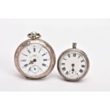 TWO OPEN FACE POCKET WATCHES, the first with a round white dial, Roman numerals, seconds