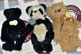 THREE 'CHARLIE BEARS' TEDDY BEARS comprising 'Poppy' panda, height 35cm, 'Jasper' black bear, height