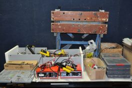 A QUANTITY OF TOOLS including pop riveters and rivets, spray gun heads, 8 trays of screws and nails,