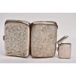 A SILVER CIGARETTE CASE AND A VESTA, rounded rectangular cigarette case with an engraved floral