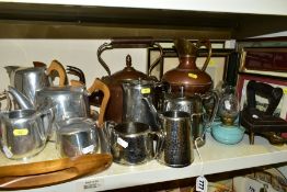 A GROUP OF METALWARES AND PICTURES, to include a vintage Picquot Ware set comprising tea pot (