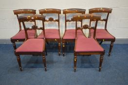 A SET OF SIX GEORGE IV ROSEWOOD BAR BACK CHAIRS, with foliate horizontal splats and drop in seat