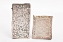 AN EARLY 20TH CENTURY SILVER CARD CASE AND VESTA, the card case of a rectangular form, engraved