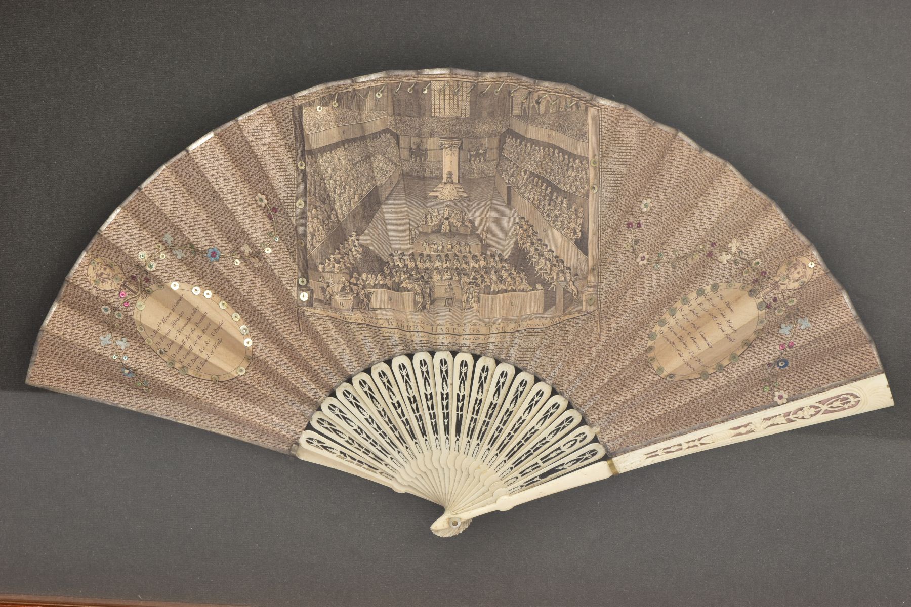 TRIAL OF WARREN HASTINGS, a late 18th Century paper and bone fan, the fan printed with a - Image 2 of 13