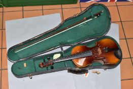 A 20TH CENTURY VIOLIN AND A BOW IN A FITTED CARRY CASE, the unlabelled violin with two piece back,