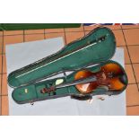 A 20TH CENTURY VIOLIN AND A BOW IN A FITTED CARRY CASE, the unlabelled violin with two piece back,