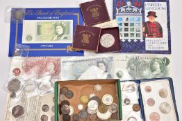 A BOX OF COINS AND BANKNOTES, to include three double Florin coins 2 x 1889, 1890, 5 Kopecks 1798,