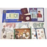 A BOX OF COINS AND BANKNOTES, to include three double Florin coins 2 x 1889, 1890, 5 Kopecks 1798,