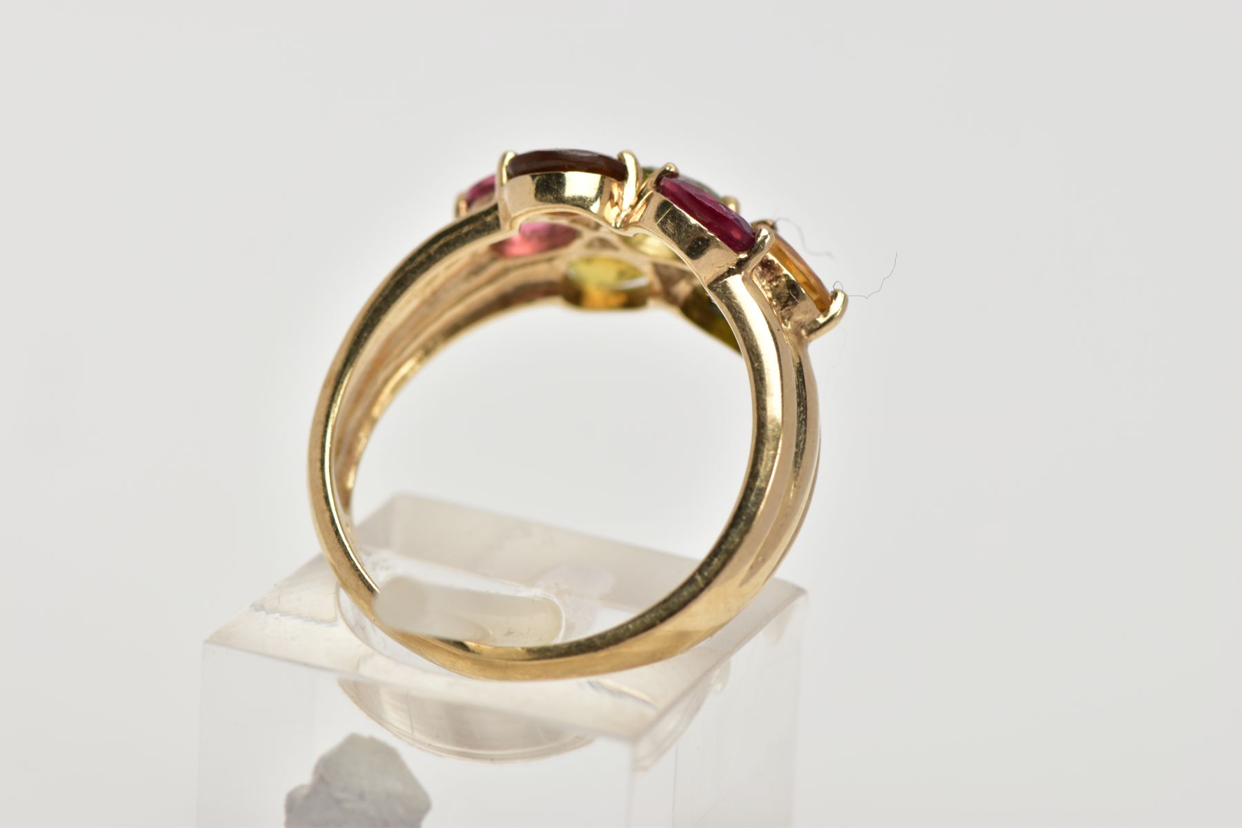 A 9CT GOLD GEM SET RING, of a cluster form, set with seven oval cut, differing colour gemstones - Image 3 of 4