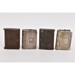 FOUR BOOK-SHAPED VESTA CASES, to include two vulcanite cases one depicting king George, the other