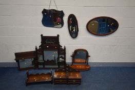 A SELECTION OF VARIOUS MIRRORS, to include two Edwardian overmantel mirrors, Victorian walnut