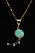 AN OPAL AND DIAMOND PENDANT NECKLACE, the pendant designed with a four-claw set, oval opal cabochon,