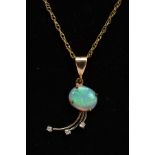 AN OPAL AND DIAMOND PENDANT NECKLACE, the pendant designed with a four-claw set, oval opal cabochon,