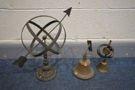 A METAL ARMILLARY SPHERE, height 43cm along with a Victorian servants bell and a copper wall mounted