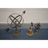 A METAL ARMILLARY SPHERE, height 43cm along with a Victorian servants bell and a copper wall mounted