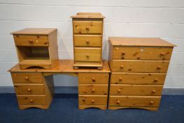 A FIVE PIECE PINE BEDROOM SUITE, comprising a tall chest of five long drawers, dressing table,