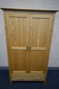 A MODERN MAPLE TWO DOOR WARDROBE, with two drawers, width 110cm x depth 64cm x height 191cm