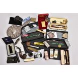 A BOX OF MAINLY PENS, LIGHTERS AND SMOKING PARAPHERNALIA, to include a cased Ronson lighter, a