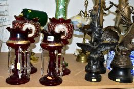 A GROUP OF SPELTER FIGURES, TABLE LAMPS AND LATE 19TH CENTURY COLOURED GLASS LUSTRES, etc, the