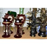 A GROUP OF SPELTER FIGURES, TABLE LAMPS AND LATE 19TH CENTURY COLOURED GLASS LUSTRES, etc, the