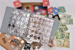 A BOX OF COINS AND COMMEMORATIVES to include a coin album with Victorian crowns 1887, 1889, 1900,