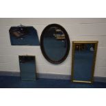 FOUR VARIOUS WALL MIRRORS, to include an oval bevelled edge mirror and a foliate gilt framed mirror