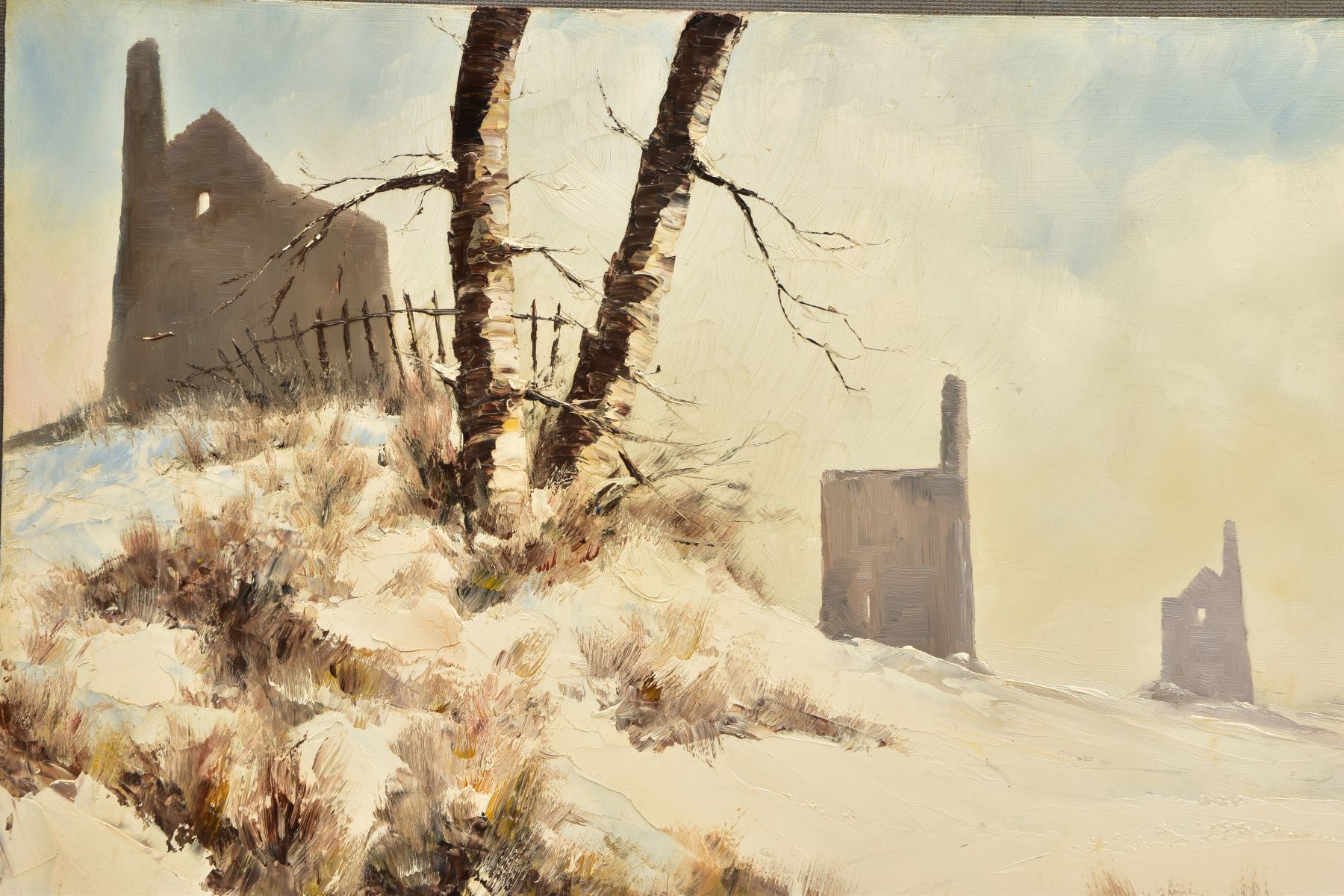 AUSTIN MOSELEY (BRITISH 1930-2013) 'Winter Landscape', a snowy landscape with Cornish tin mines - Image 2 of 7