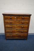 A VICTORIAN FLAME MAHOGANY CHEST OF TWO SHORT OVER FOUR LONG GRADUATED DRAWER, with turned