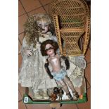 A BOX OF FOUR BISQUE HEAD DOLLS comprising two small vintage dolls, height 8.5cm, possibly in