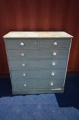 A VICTORIAN GREEN PAINTED PINE CHEST OF TWO SHORT OVER FOUR LONG DRAWERS, with ceramic handles,