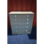 A VICTORIAN GREEN PAINTED PINE CHEST OF TWO SHORT OVER FOUR LONG DRAWERS, with ceramic handles,