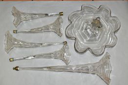 A CLEAR GLASS EPERGNE with brass mounts, all glass pieces are present and in good condition, four