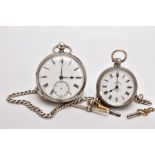 A SILVER OPEN FACE POCKET WATCH AND ONE OTHER, round white dial. Roman numerals, seconds