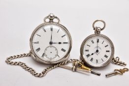 A SILVER OPEN FACE POCKET WATCH AND ONE OTHER, round white dial. Roman numerals, seconds