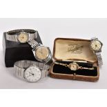 FOUR GENTS WRISTWATCHES AND A LADIES GOLD-PLATED WRISTWATCH, the gents watches to include names such