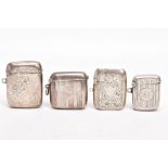 FOUR EARLY 20TH CENTURY SILVER VESTAS, two engraved with a foliate design and vacant cartouches,