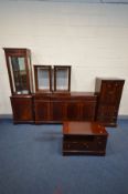 SIX PIECES OF MAHOGANY LOUNGE FURNITURE, to include, a slim display cabinet, width 56cm x depth 35cm