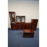 SIX PIECES OF MAHOGANY LOUNGE FURNITURE, to include, a slim display cabinet, width 56cm x depth 35cm
