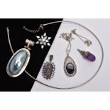 A BAG OF ASSORTED JEWELLERY, to include a white metal snowflake shape brooch set with colourless